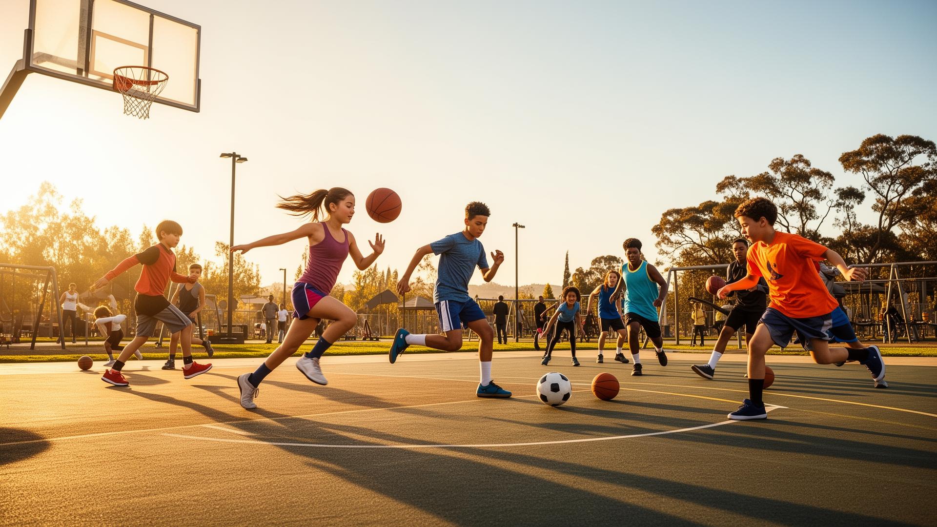 Young athletes playing sports in a community park at golden hour